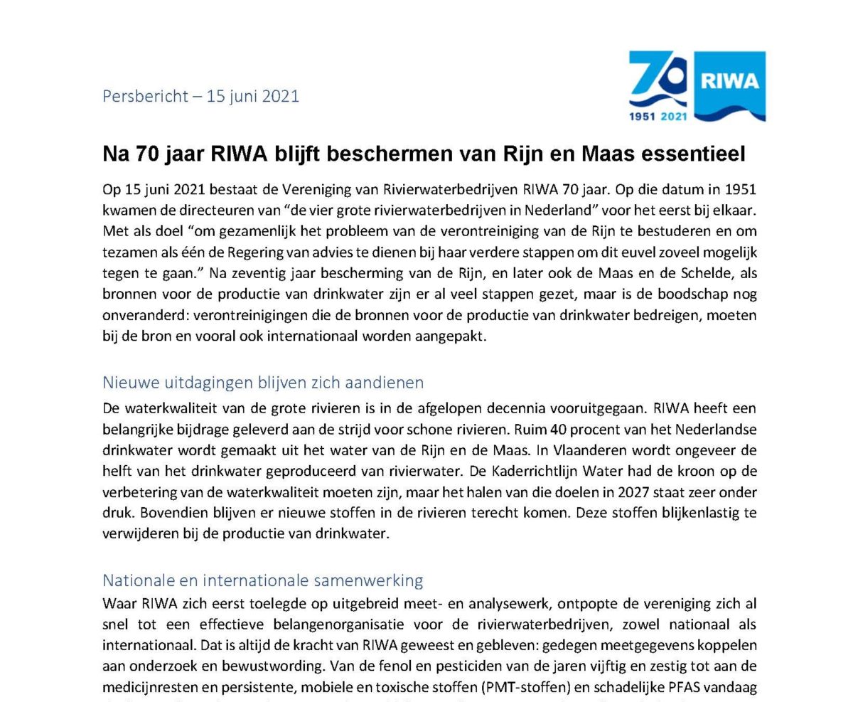 Na 70 jaar RIWA blijft beschermen van Rijn en Maas essentieel